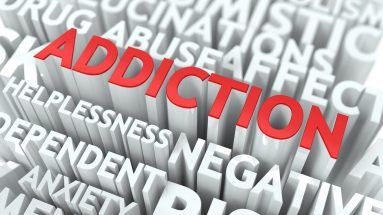 Addiction Epidemic - Wordcloud Medical Concept. The Word in Red Color, Surrounded by a Cloud of Words Gray.