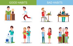 Bad and good habits poster set with active people and unhealthy actions, read and run, drinking alcohol and smoke, isolated on vector illustration